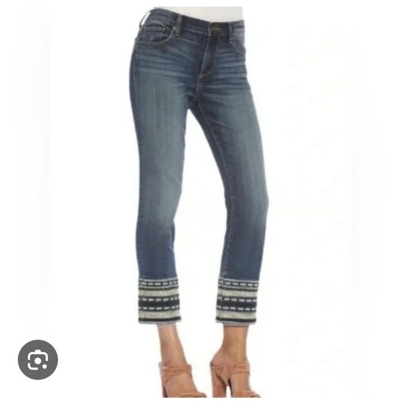 DRIFTWOOD Blue Cropped Jeans with Embroidered Hem Size 31 - Picture 2 of 10
